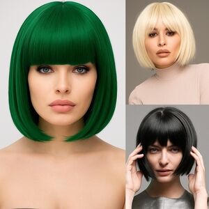 3 Bob Wigs with Bangs, Blonde, Black, Green